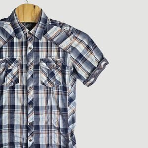 BKE Mens Slim Fit Plaid Short Sleeve Button Down Shirt Large Blue Orange White